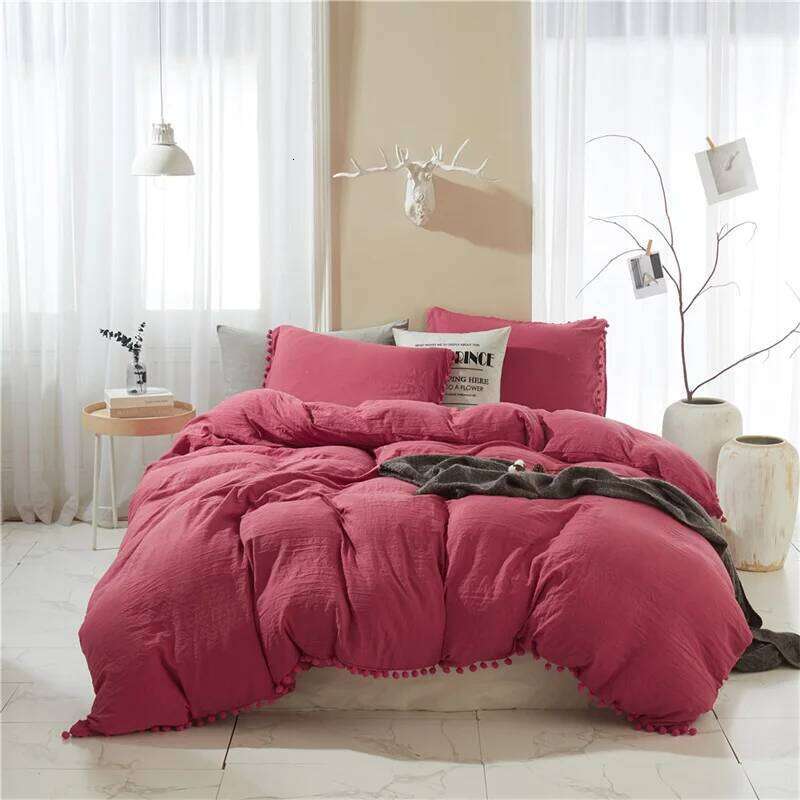 Solid color wash ball tassel Duvet deluxe extra large bedding double bed full set quilt cover XJ260206