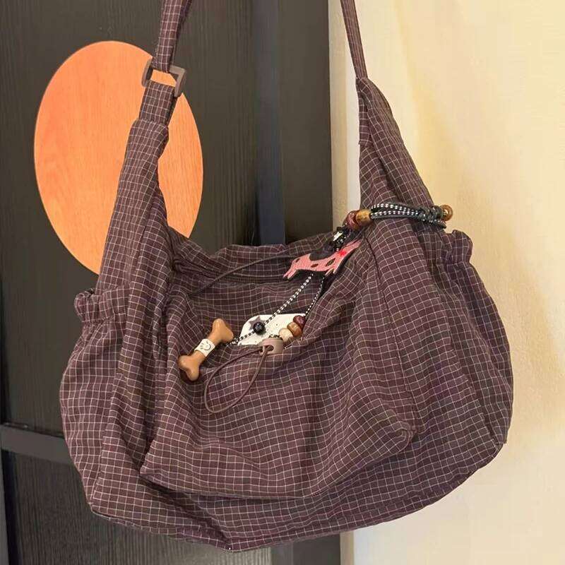 Korean Nylon Fashion Simple Plaid Zipper Tote Drawstring Pleated Cloud New Commuter Crossbody Shoulder Bag Z260207