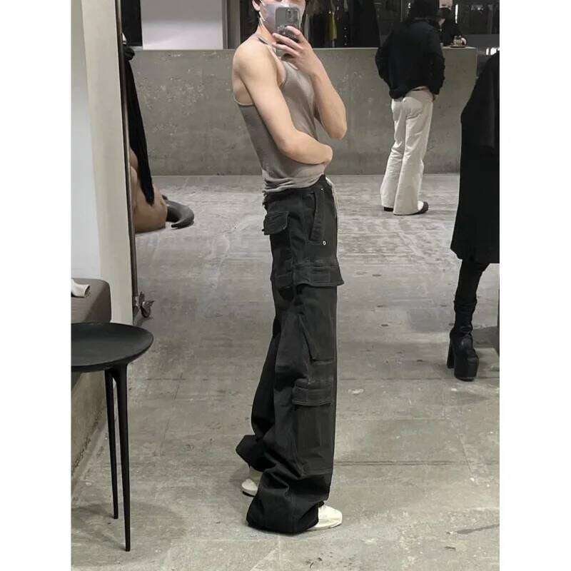 Men's Cargo Pants Wide-leg Washed Grey Jeans RO Style Y2k Fashion Slacks Loose Athleisure X260207