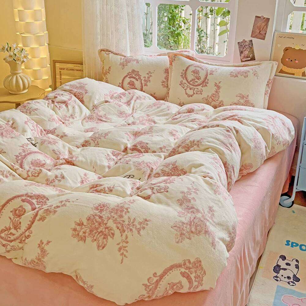Printing Thicken Milk Velvet Bedding Set Winter Warm Quilt Cover Pillowcase Bed Linen Home Anti-static Soft Four Piece Sets XJ260206