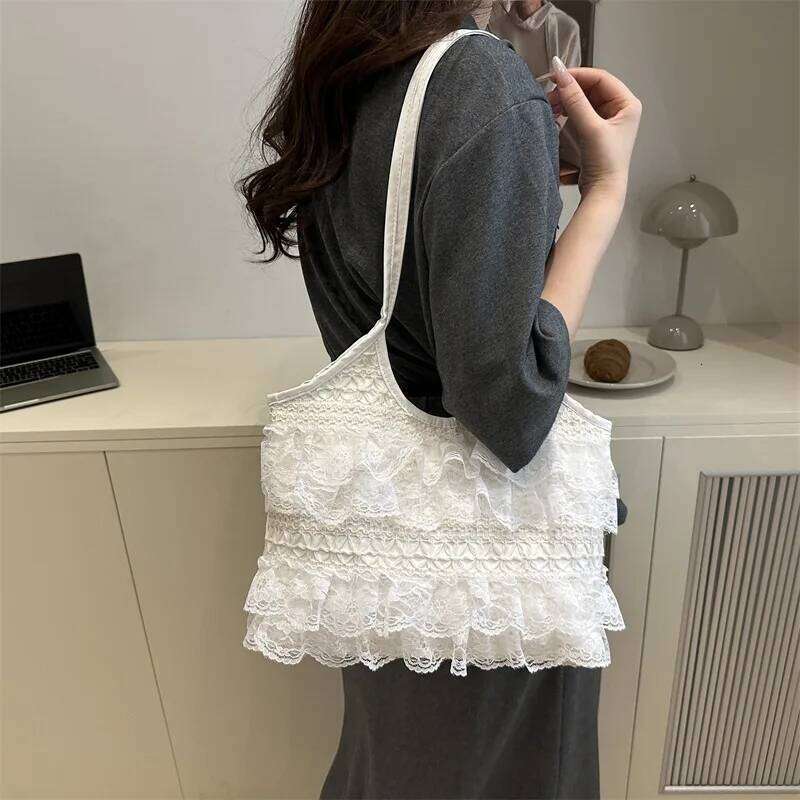 Sweet Lace Female Underarm Shoulder Bag Simple Pleated Women Travel Tote Bags Solid Color Portable Ladies Commuting Handbag Y260205