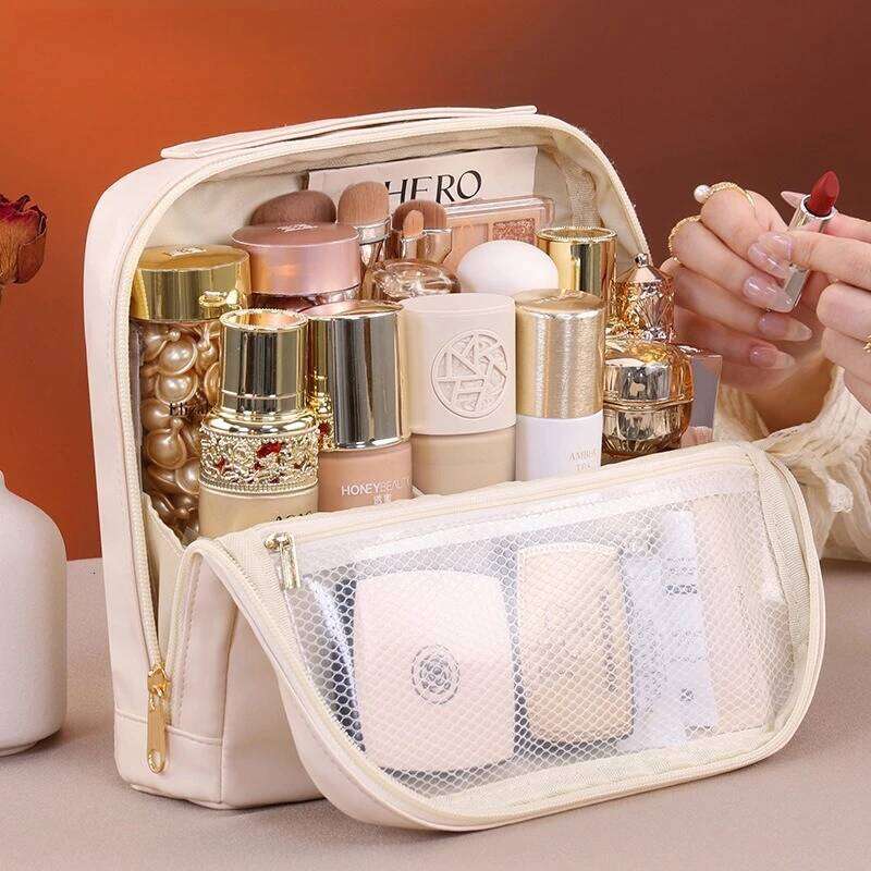 Portable Waterproof Cosmetic Bag Women Stylish Cream Color Makeup Case with Zipper, Transparent Mesh Compartment for Travel Y260206