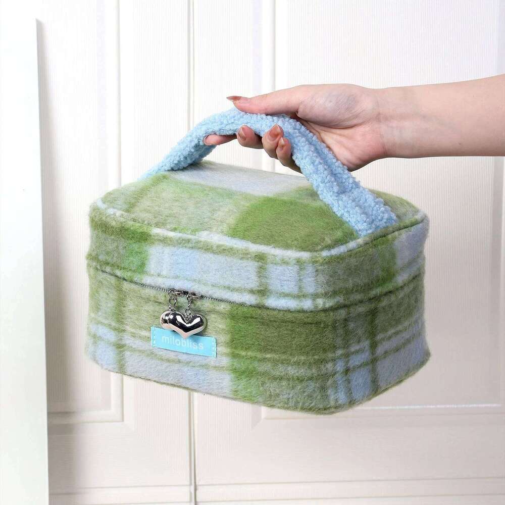 Customized plaid makeup niche fashion, color blocked large capacity storage bag, cute student handheld storag Y260206