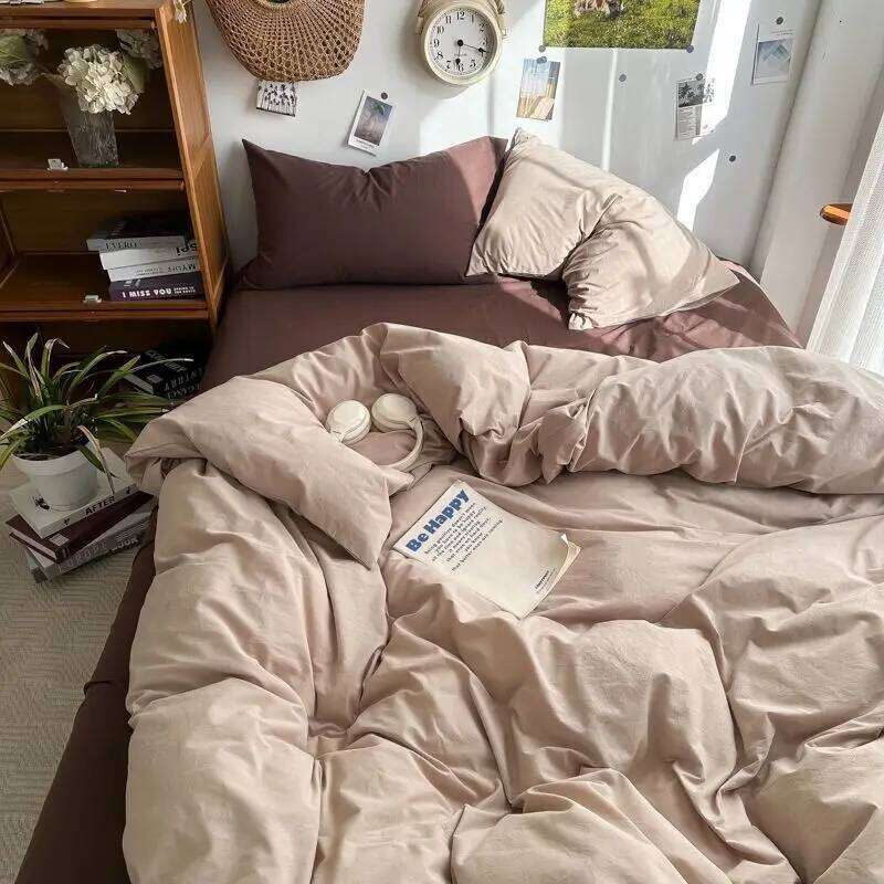 Bedding Ins Ambiance Blue Coffee Grid Mixed Washed Cotton Minimalist Flat&Fitted Sheets Duvet Cover Set With Pillowcase XJ260206