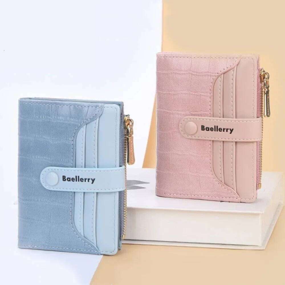New PU Leather Short Wallet Zipper Button Coin Purses Solid Color Stone Grain Card Holders Women Y260206