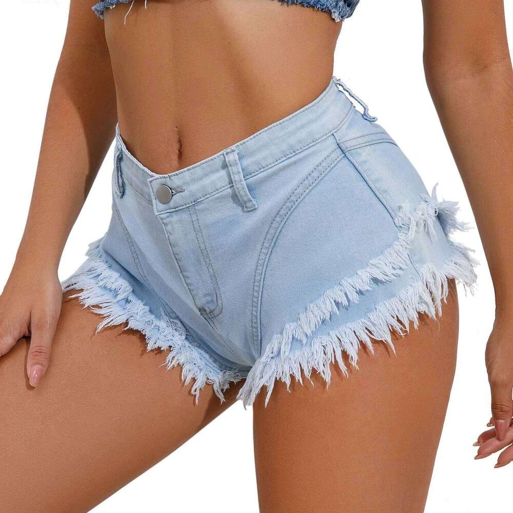 2026 New Sky blue Women Sexy Distressed Ripped High Waist Tassel Denim Jeans Shorts S-xl XJ260206