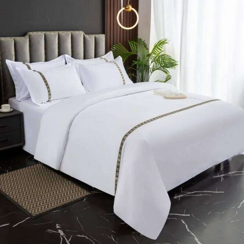 New 140g twill thickened four-piece linen pure white single quilt set webbing hotel bed and breakfast XJ260206