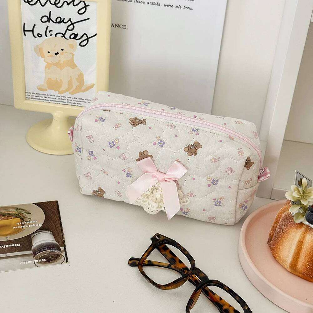 Cartoon Cute Bow Women Mini Cosmetic Portable Purse Makeup Toiletry Storage Pouch Handbag Bear Square Zipper Small Bag Y260206
