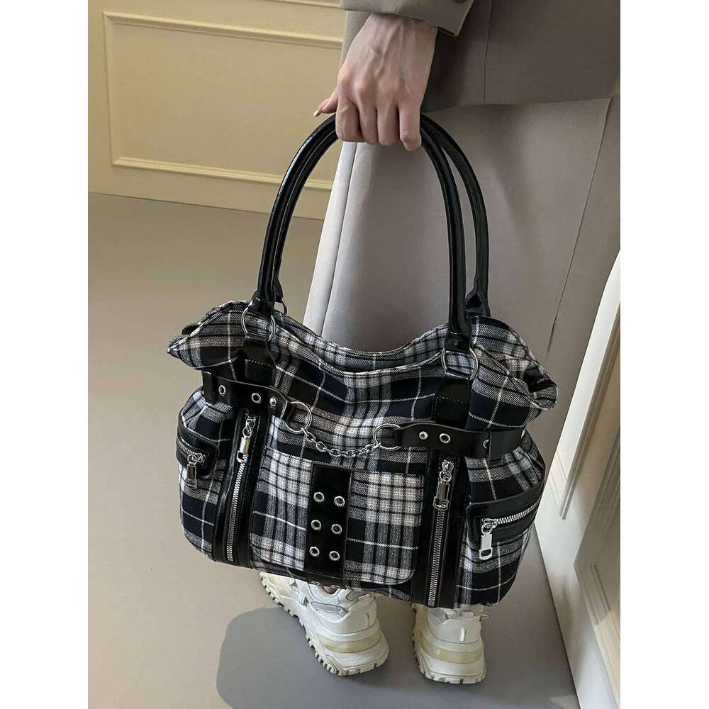Fashion Trend Grid Gothic Punk Large Capacity Tote Bag2026Canvas Casual Commuter Versatile Shoulder Bag Bolsa De Un Hombro Mujer Z260207 - view 6