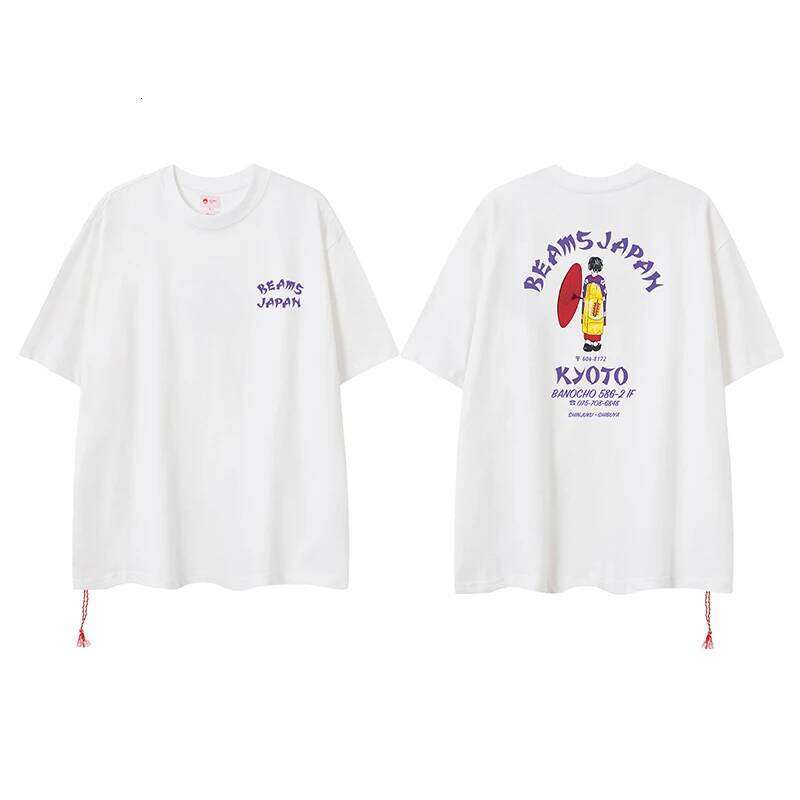 Japan Tokyo Street Cotton Fashion Beams Tshirt White Kimono Girl Print Letter Round Neck Top Casual Loose Men Women Short Sleeve X260207