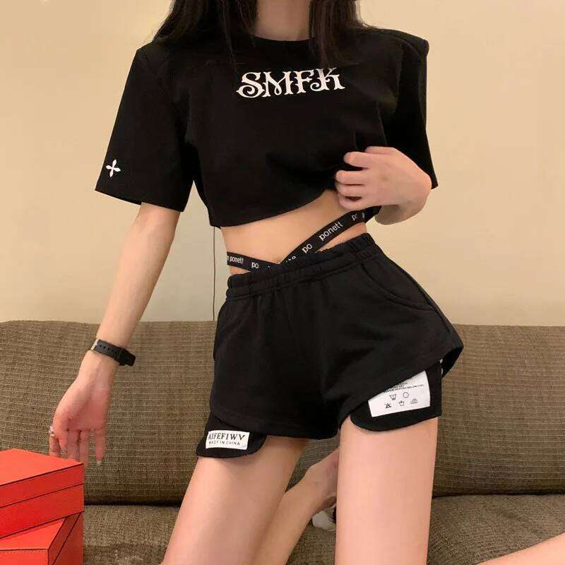 2026 Summer New Women's Casual Sports High Waist Design Letter Bandage Y2k Shorts Hot Pants XJ260206