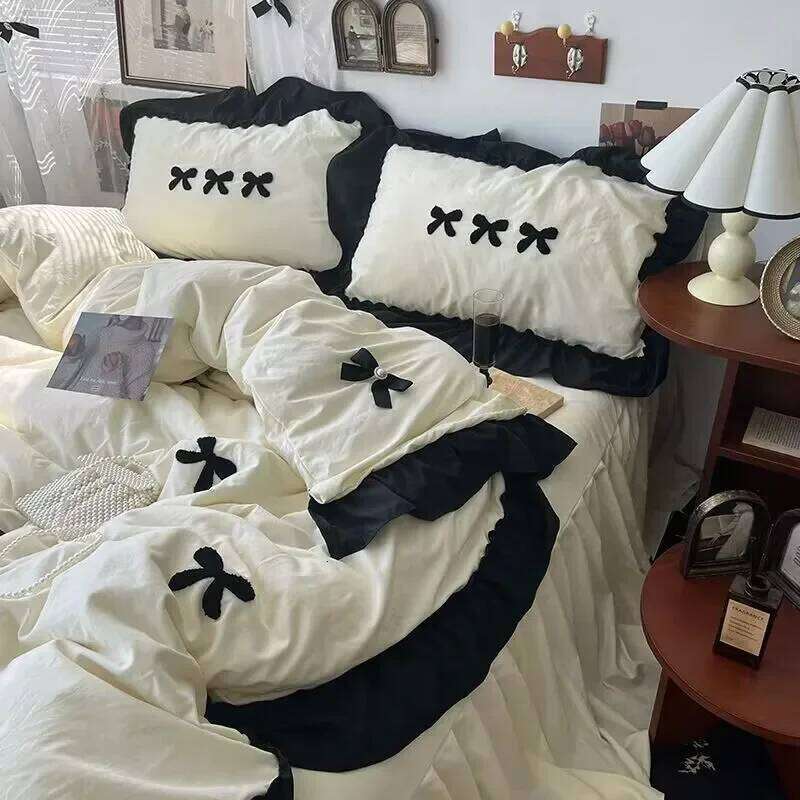 Ins Girl Bow Lace Washed Cotton Four-Piece Set Available For four Seasons Bed Skirt Bedding 4 Dormitory Three-piece set XJ260206