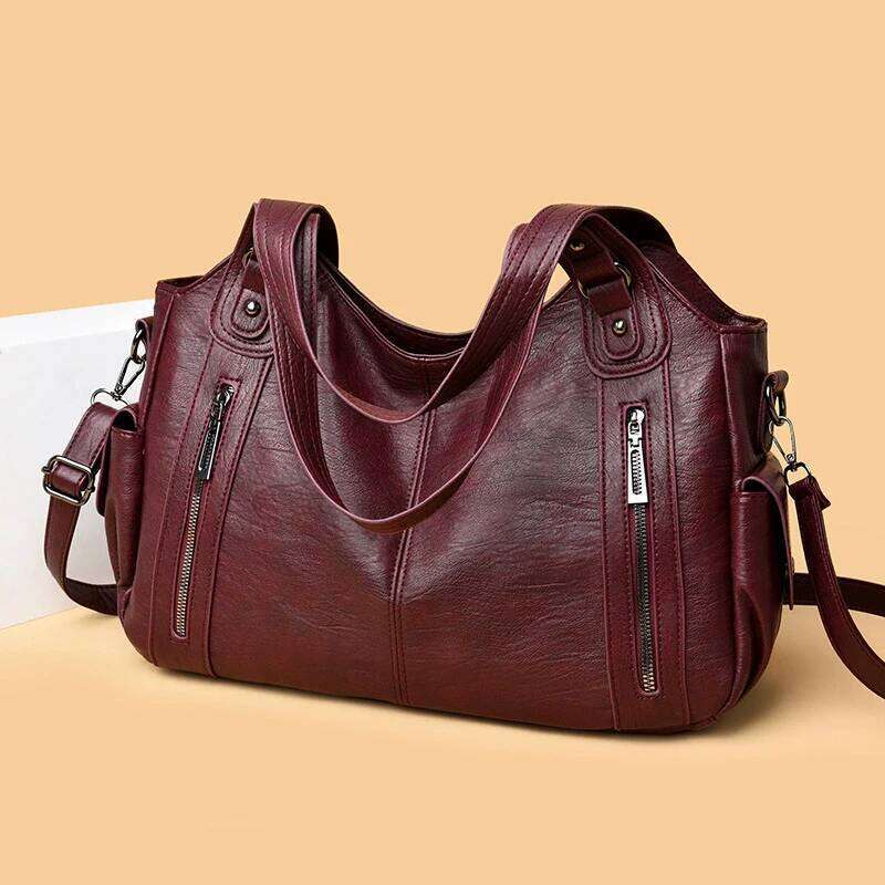 New Solid Zipper Dual Main Pockets High Capacity Handbag For Women Sewing Thread PU Fashion Ladies Shoulder Bag Y260205