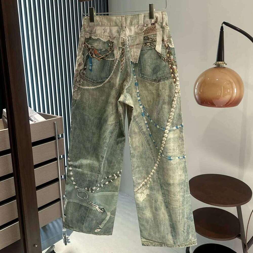25SS lace pearl chain trompe l'oeil 3D printed 1981 straight leg jeans for men and women ropa hombre X260207