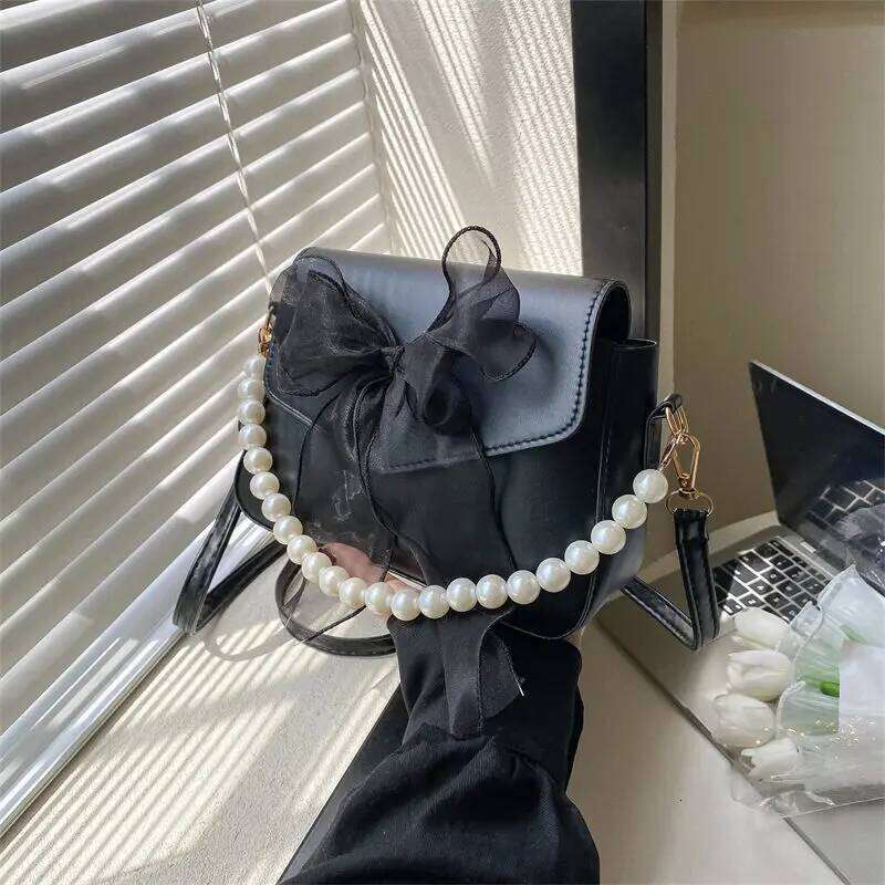 Pearl Lace Bow Collocation PU Leather Small Bags for Women Daily Use Handbag Shoulder Cross Body Bags, Teen Girls Phone Pouch Y260205