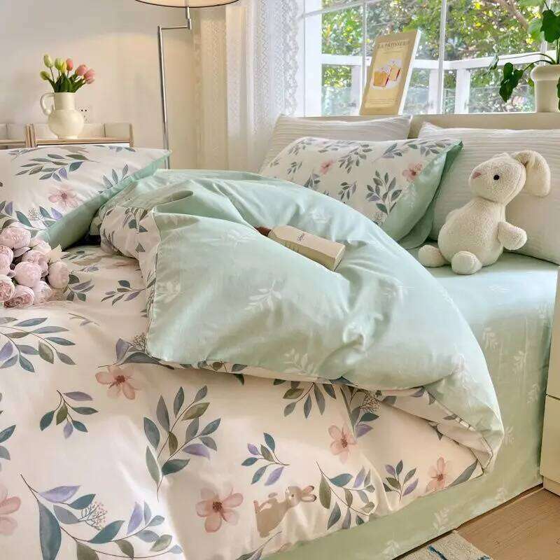 Green Floral Bedding Set Ins Fashion Twin Full Queen Size Duvet Cover No Filler Flat Sheet Pillowcase Girl Home Totel Bed Linens XJ260206