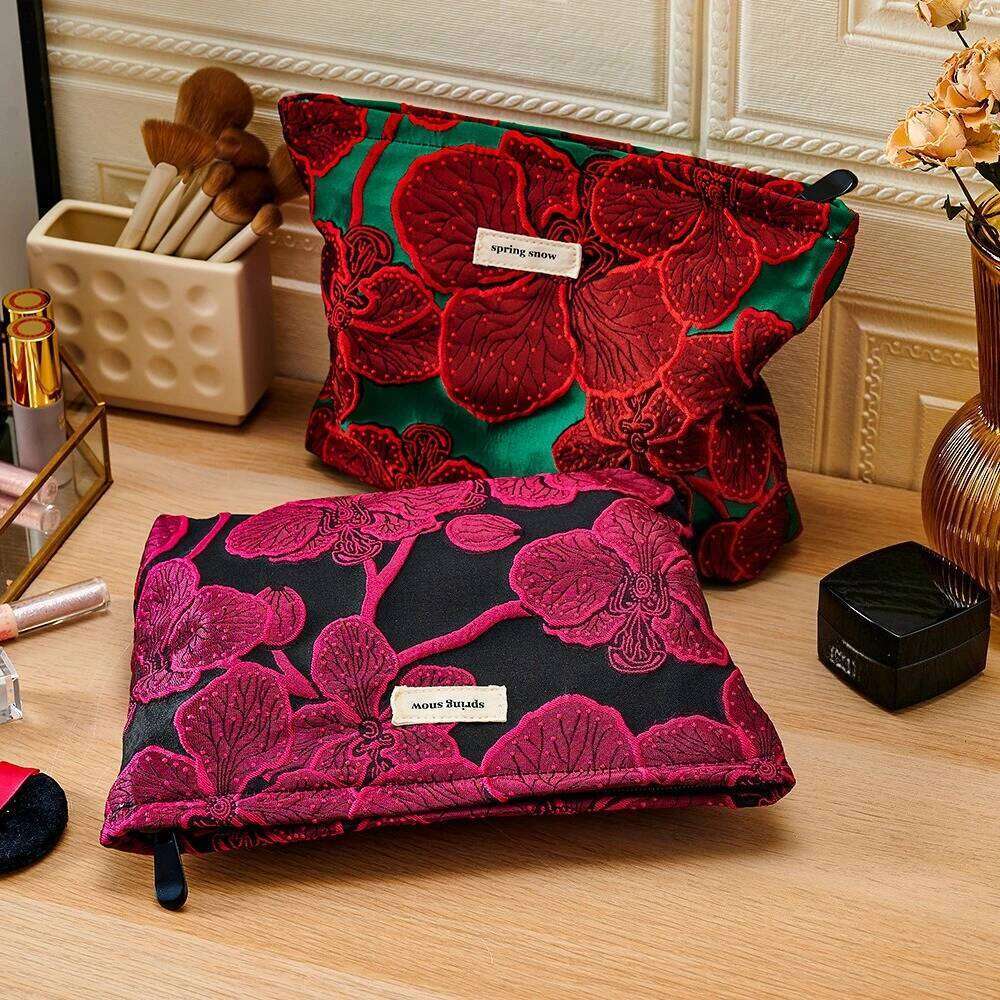 Red Flower Fashion Canvas Women Cosmetic Handbag Travel Organizer Toiletry Makeup Pouch Ladies Make Up Bag For Gift Y260206