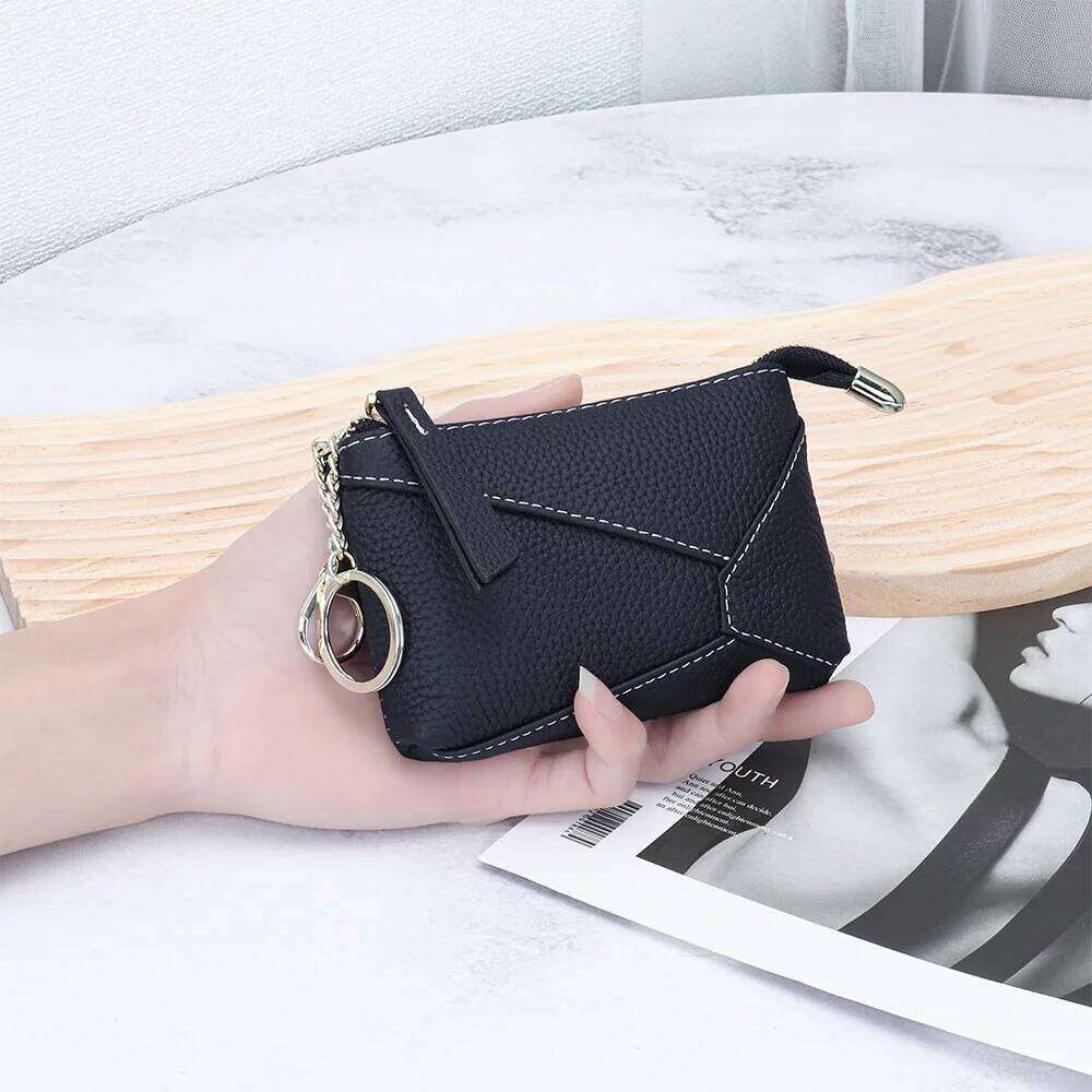 Womens Brand Geometric Design Coin Puzzle Money Bag Small Wallet with 2 Keychain Women Genuine Leather Zipper Change Purse Y260206