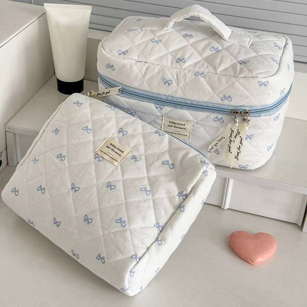 Blue Bow Quilted Women Cosmetic Bag Sets Large Capacity Makeup Handbag Travel Pouch 3 Type Ladies Zipper Organizer for Bags Y260206