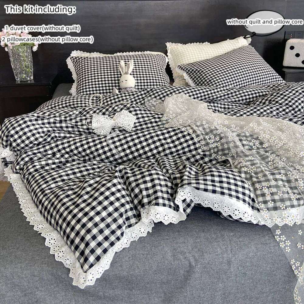 3pcs Black white plaid Duvet cover set 1*Duvet Cover + 2*Pillowcase, Without Core, lace Bedding Set, Soft Comfortable XJ260206
