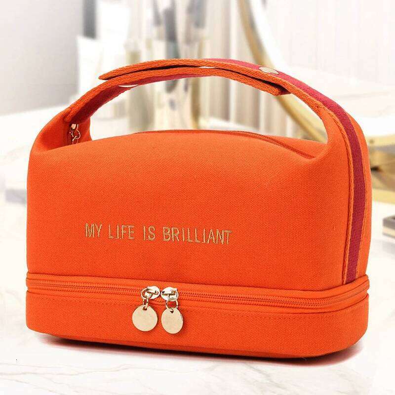 Ins Double Layer Waterproof Cosmetic Fashion Women Large Capacity Portable Canvas Travel Organizer Makeup Storage Tote Bag Y260206