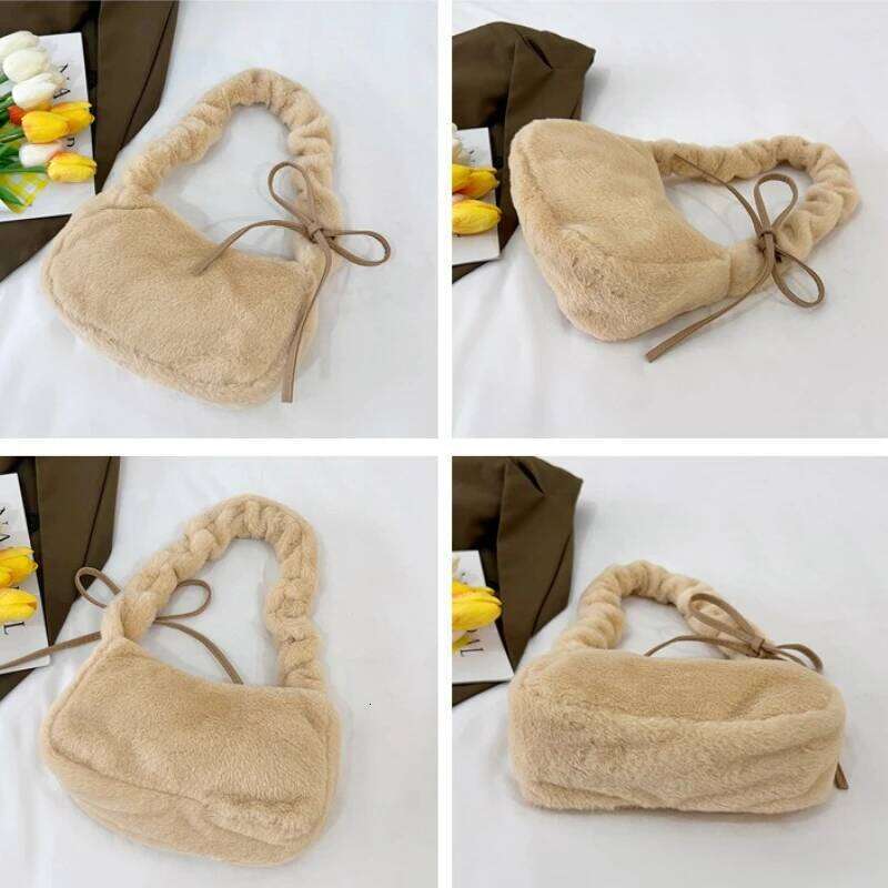 Winter Soft Plush Women Shoulder Underarm Bags Simple Solid Color Ladies Pleated Strap Handbags Portable Female Phone Bag Purse Y260205