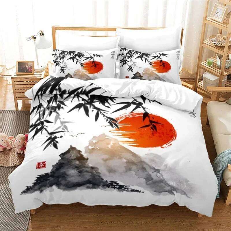Ink Painting Duvet Japanese Style Mount Fuji Comforter Cover Red Cherry Blossoms Print Bedding Set For Adults Teens Girls XJ260206