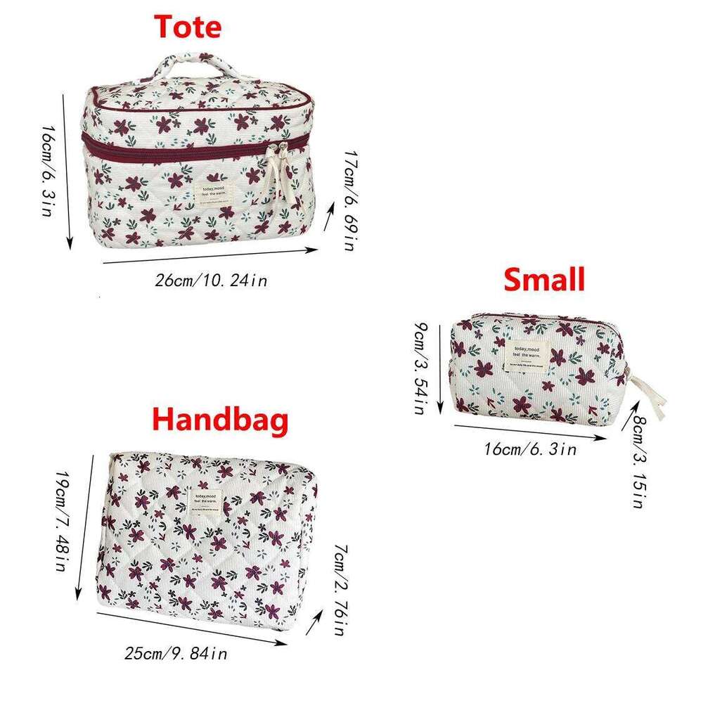 3 Set Red Floral Tote Women's Large Capacity Cosmetic Storage Clutch Ladies Corduroy Pouch Makeup Bag Y260206