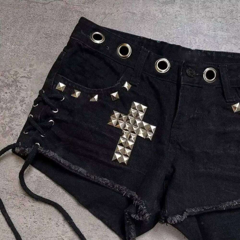 Women's Punk Studded Shorts - Cross Rivet Detail Lace-Up High Waist Ripped Black Streetwear Summer Hot Pants Y2K EMO XJ260206
