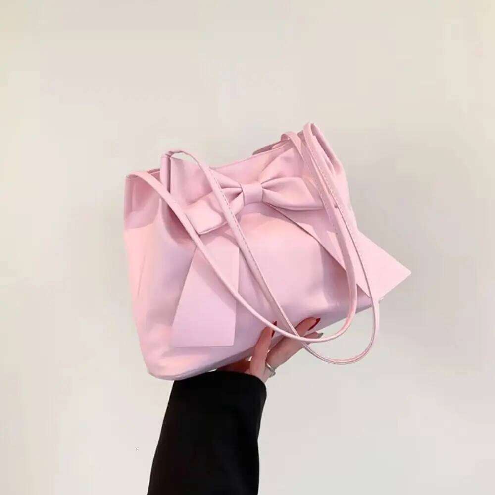 Elegant Solid Color PU Bow Shoulder Korean Style Bucket INS Tote Portable Luxury Fashion Underarm Bag Women Y260205