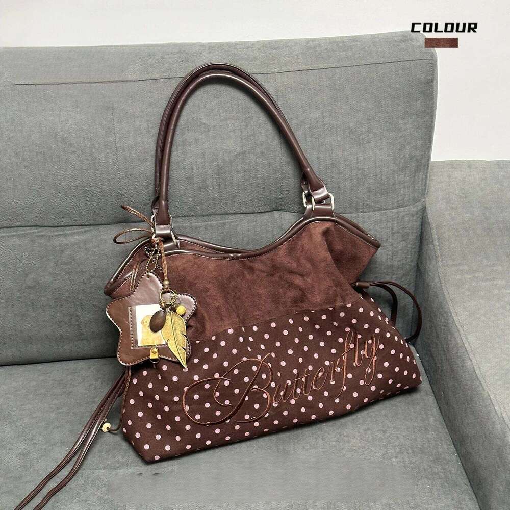 Sweet Harajuku Polka Dot Tote Women Embroidered Letter Large Capacity Shoulder Bag Ladies Drawstring Versatile Underarm Bags Y260205