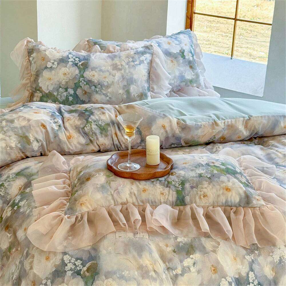 Flower Bedding Luxury Bedroom Decor Comforter Ruffles Duvet Cover Pillowcase Bed Sheet Washed Cotton Four Pieces Set XJ260206