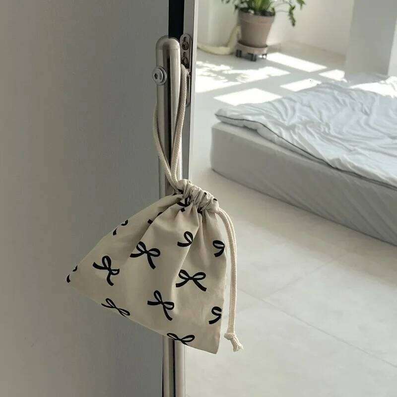 Women Sweet Kawaii String Makup Girl Korean Bow Printed Mini Drawstring Bag Cosmetic Storage Pouch Y260206