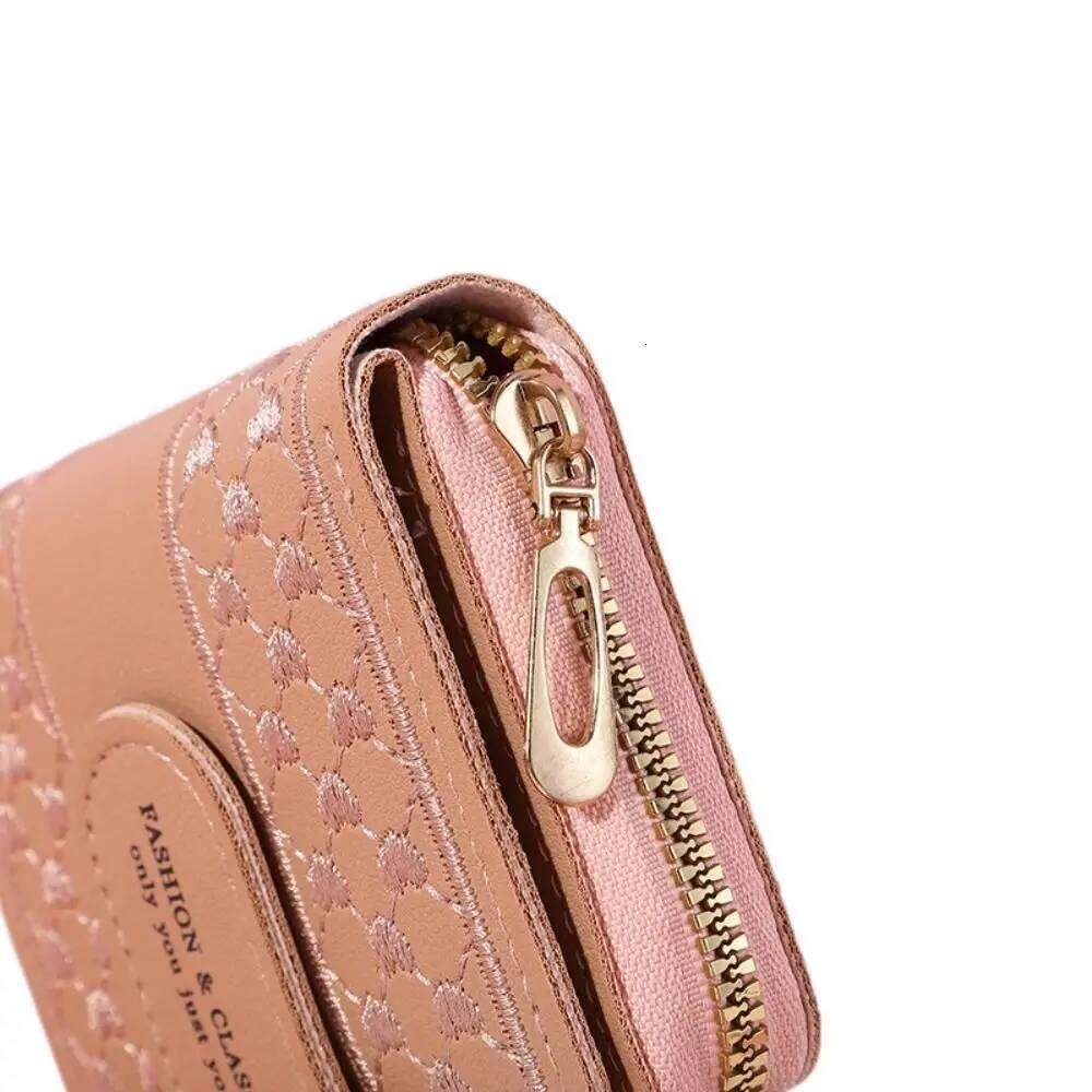 Versatile Embroidery Card Holder Heart Zipper Short Wallet Leather Large Capacity Female Bag Women Y260206