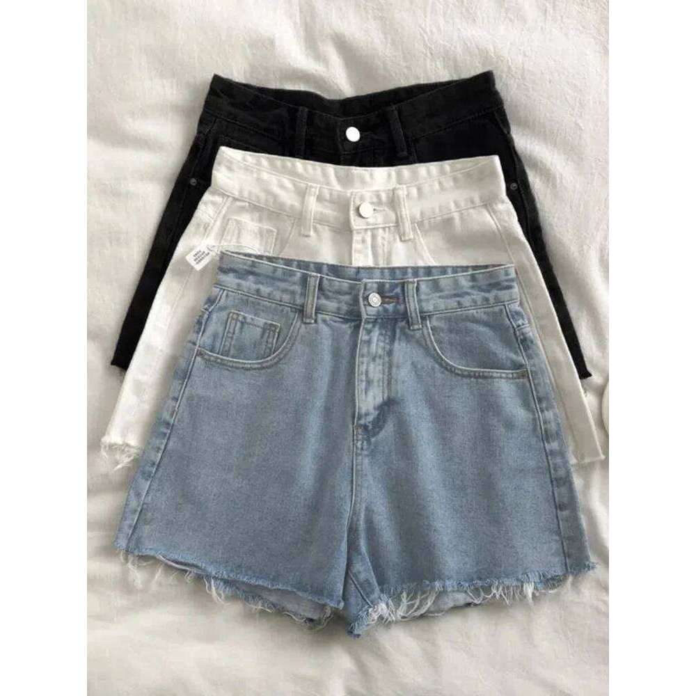 Korean High Waisted Raw Edge Women's 2023 Summer New Basic Button Pocket Shorts Street Denim Pant XJ260206