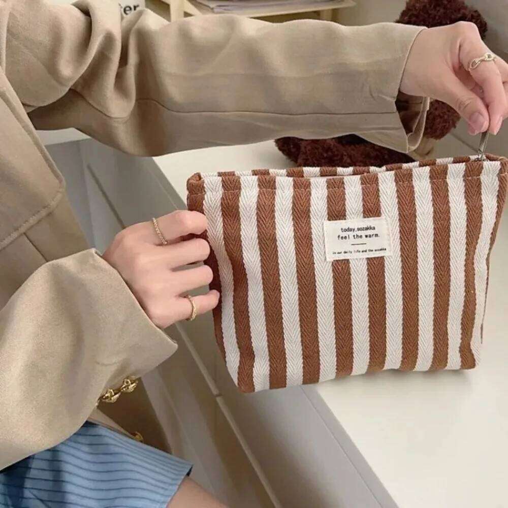 Simple Stripe Women Cosmetic Portable Small Bag Makeup Case Storage Handbag Travel Pouch Organizer for Lady Y260206