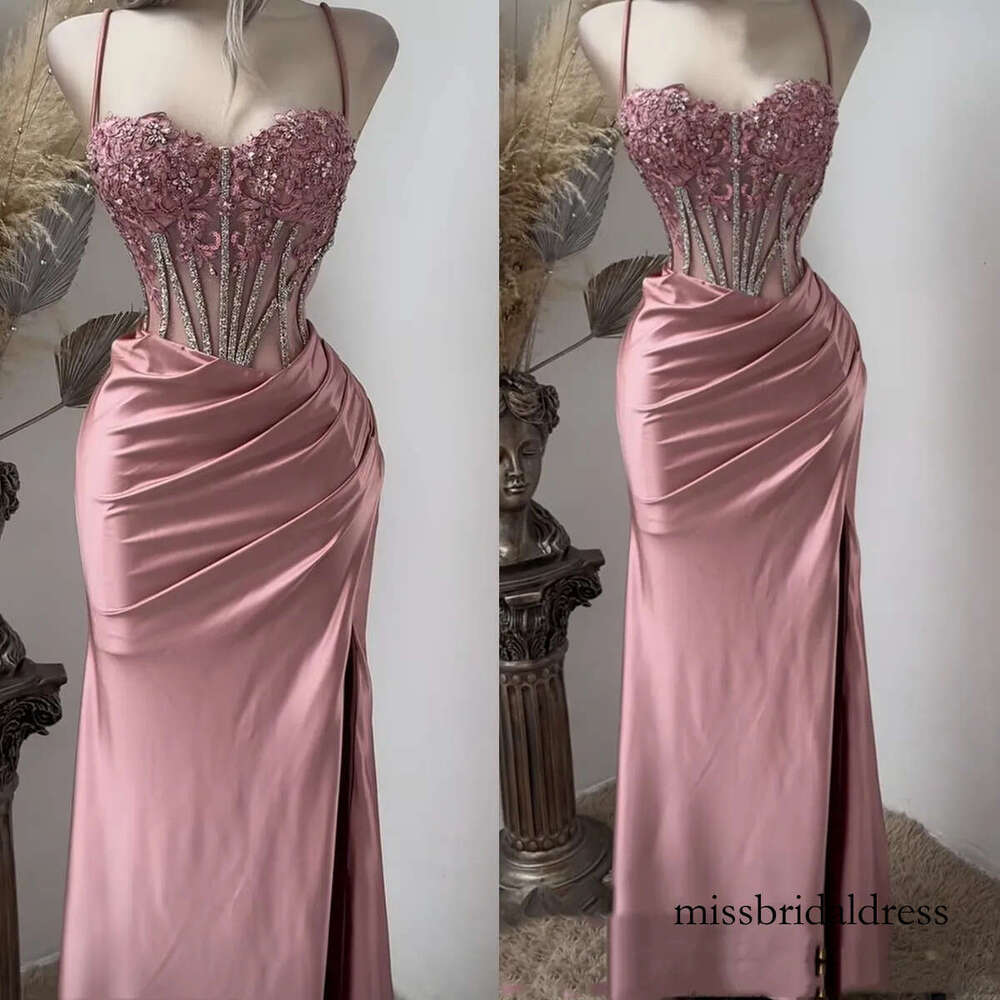 Or Length Pink Mermaid Prom Dresses Lace Appliques Beaded Corset - Side Split Spaghetti Straps Evening Gown For Pageant F0207