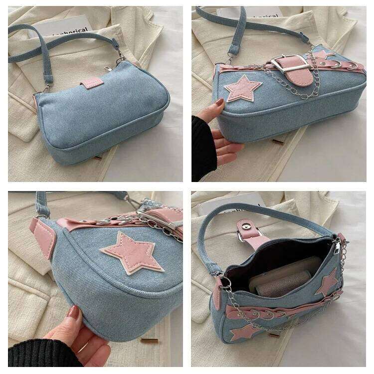 Y2k Hot Girls Denim Shoulder Bags Retro Rivet Star Women's Underarm Portable Female Chain Armpit Bag Small Purse Handbags Y260205