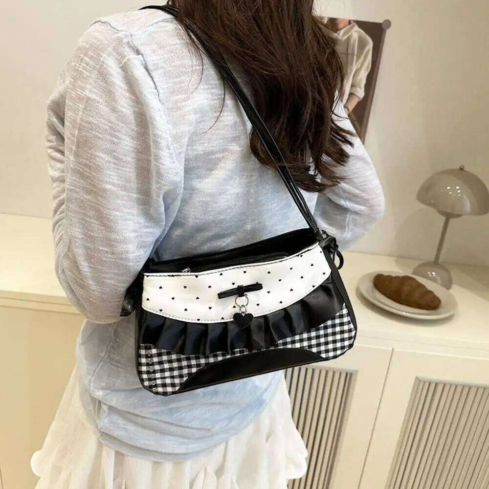 Sweet French Stick Handbag Black Contrast Color Plaid Bow Shoulder Bag Denim Blue Korean Style Cloth Underarm Bags Women Z260207 - view 5
