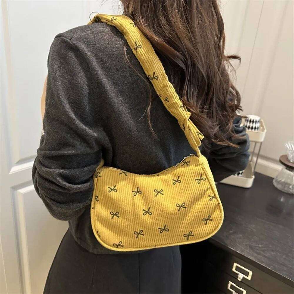 Casual Corduroy Underarm Cute Bowknot Large Capacity Shoulder Lightweight Tote Handbag Women Mini Small Clutch Bag Y260205