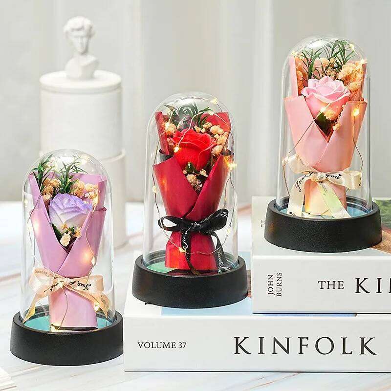 Handmade Artificial Flower Rose Sunflower Desktop Ornament with Led Lights Romantic Home Decor Gifts for Valentines Day Gift S260204