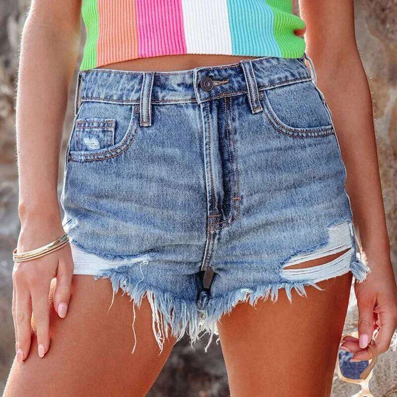 2026 New Washed Denim for Women, Summer Fashion and Versatile Casual Hand-worn Out Ripped Tassel Design Shorts XJ260206