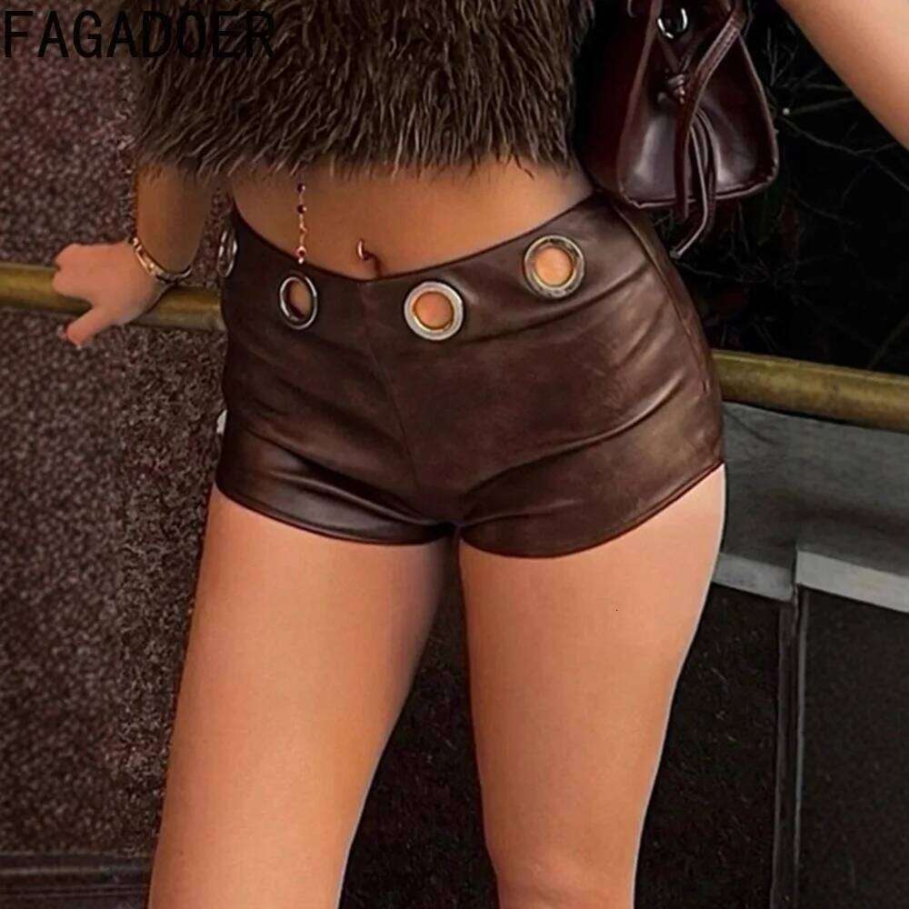 FAGADOER Sexy Leather Woman 2 Piece Set Outfit Solid Color Hole Patchwork Shorts Female Streetwear Bottoms Summer New XJ260206