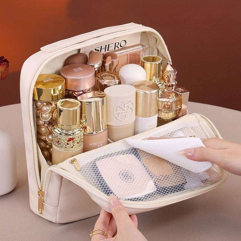 Portable Waterproof Cosmetic Bag Women Stylish Cream Color Makeup Case with Zipper, Transparent Mesh Compartment for Travel Y260206