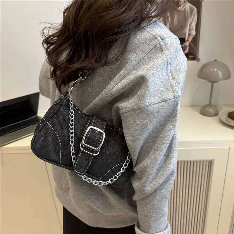 Casual Thread Design Women's Denim Shoulder Bags Simple Y2k Cool Girls Chain Underarm Bag Portable Female Square Phone Handbags Z260207 - view 4