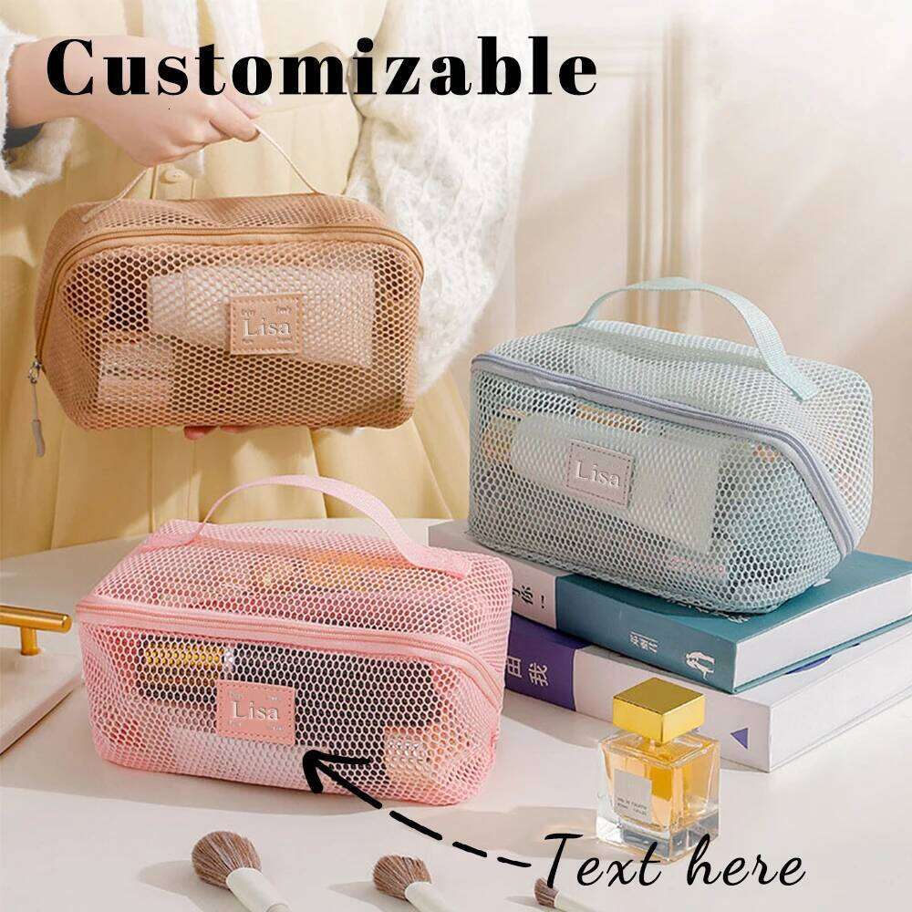 Customized name macaron-colored mesh makeup large-capacity zipper tote bag, travel portable storage bag Y260206