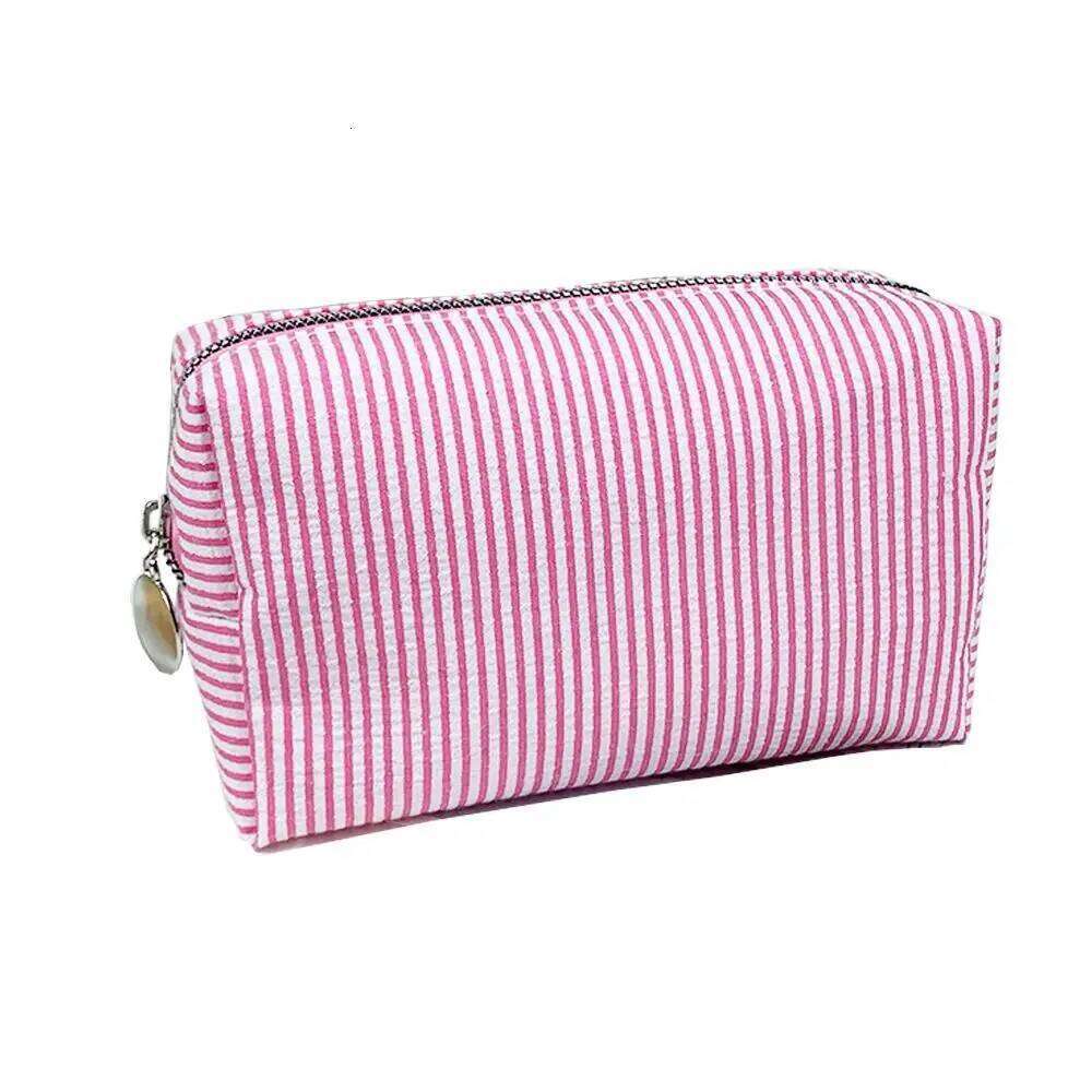 Striped Makeup Bag Zipper Closure Soft Seersucker Fabric Cosmetic Large Capacity Multi-purpose Toiletry Pouch Travel Use Y260206