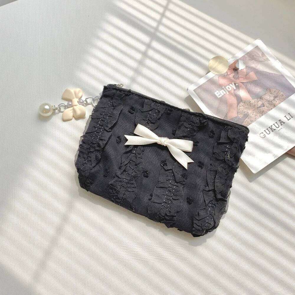 Cute Women Makeup Mini Korean Lace Bow Portable Coin Purse Small Pouch Handbag Kawaii Female Cosmetic Storage Zipper Bag Y260206