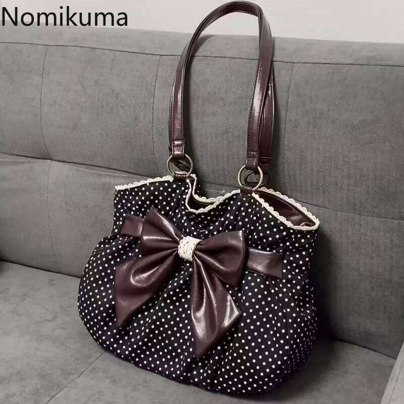 Chic Polka Tote Casual Commuting Vintage Women Handbags Shoulder Versatile Large Capacity Dot Design Bow Sweet Bag Y260205