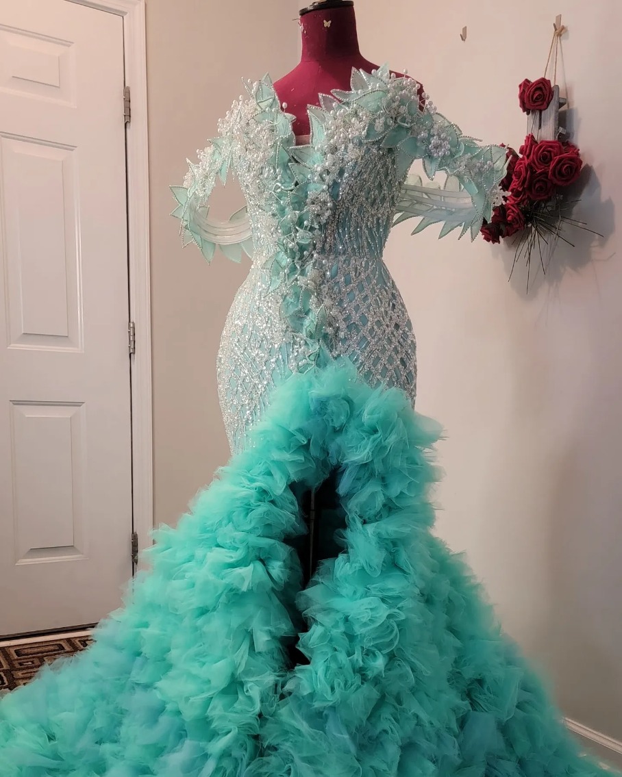 Mermaid Prom Dresses 2026 Light Sky Blue Pearls Flowers Tiers Organza Evening Formal Party Second Birthday Engagement Gowns For Special Occasions 4F07